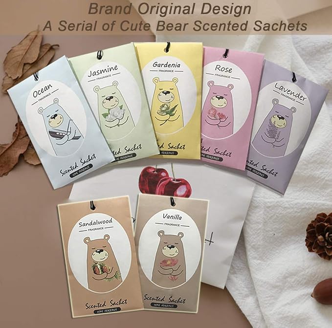 14 Packs Scented Sachets for Drawers and Closets Lavender, Rose, Jasmine, Ocean, Vanilla, Sandalwood, Gardenia 7 Scent