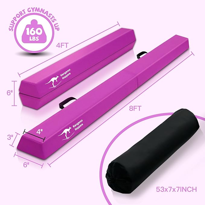 Kangaroo Hoppers 8FT Kids Balance Gymnastics Beam for Kids, Folding Extra Firm Foam Floor Beam for Beginners, Home Training Equipment with Anti-Slip Base, Carrying Bag