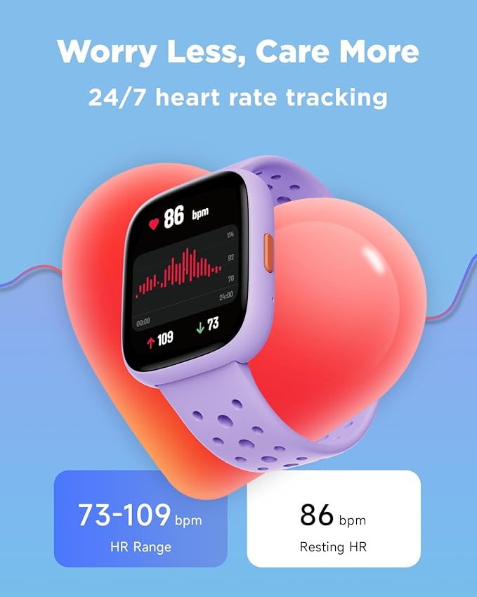 BIGGERFIVE Smart Watch for Kids No APP No Phone Needed, 1.8" Fitness Tracker Watch Pedometer, Heart Rate, Sleep Monitor, IP68 Waterproof, Step Counter, Puzzle Games for Girls Teens 5-16, Lilac