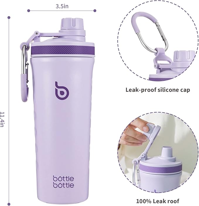 BOTTLE BOTTLE 26 oz Insulated Shaker Bottle Stainless Steel Water Bottle with Wire Whisk, Reusable Protein Shaker Gym Water Cup Purple