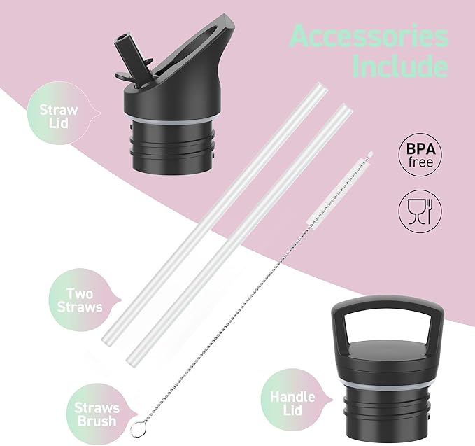 Stainless Steel Double Wall Water Bottles, Vacuum Insulated Bottle With Straw Lid, Insulated Water Bottle Keeps Water Cold for 24 Hours, Hot for 12 Hours, Hiking, Sports