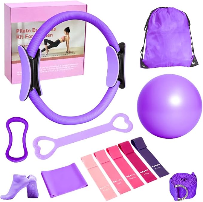 Home Pilates Essentials Kit for Women, with 5 Resistance Bands - Magic Circle Pilates Kit for Home Toning, Includes Yoga Ball, Stretch Strap & Gym Bag (13-Piece Complete Starter Set)