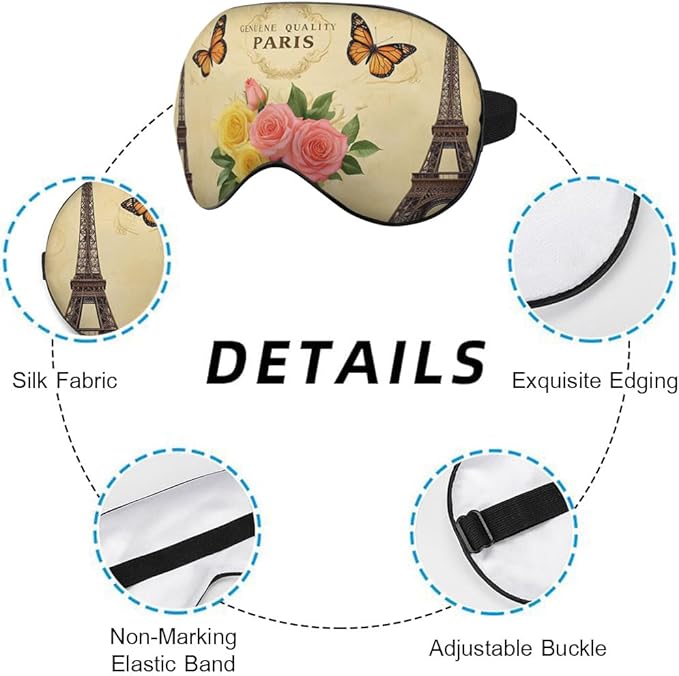 Eiffel Tower Eye Mask Sleeping Mask Vintage Paris Postcard Flower Butterfly Sleep Masks Silky Soft Eye Cover for Women Men Shading Blindfold for Air Travel Sleeping