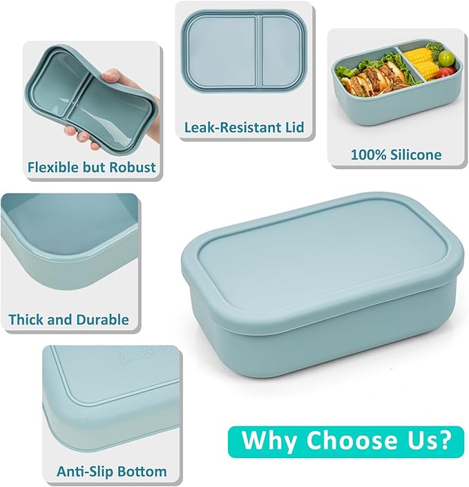 100% Silicone Bento Box Adult with 2 Compartments, 32oz, Reusable Divided Lunch Box Meal Prep Containers for Entree and Side Food Snack Storage, BPA-Free Plastic-Free, Microwave Dishwasher safe, Green