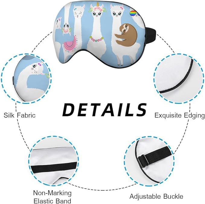 White Llamas Sleep Mask Eye Mask Alpaca Sloth Rainbow Glasses Llamas Cute Flowers Blue Sleep Mask Light Blocking Adjustable Smooth Soft Eye Masks for Women Deep Rest Travel