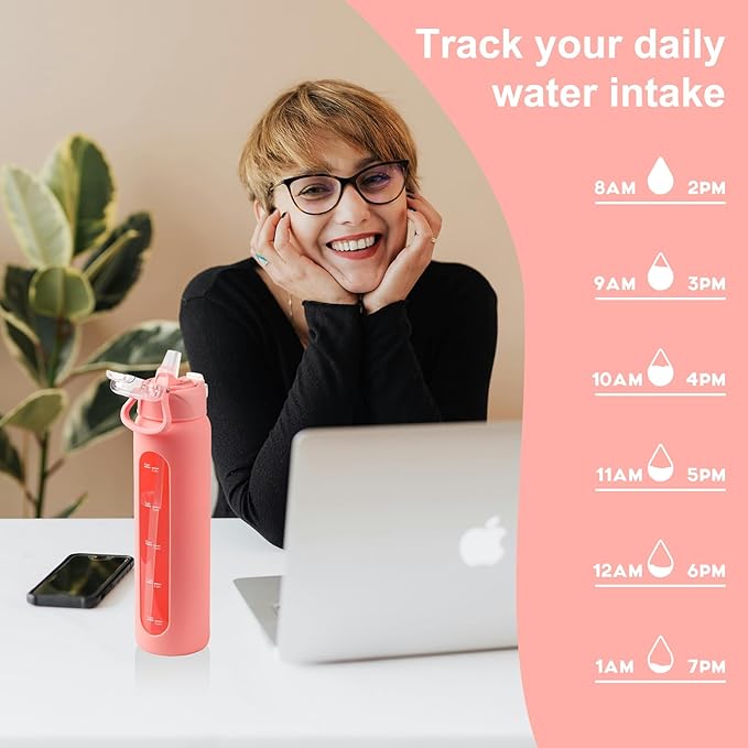 24 oz Glass Water Bottles with 2 Lids-Handle Spout Lid & Straw Lid, Motivational Water Bottle with Time Marker and Silicone Sleeve,Leakproof-Pink-1 Pack