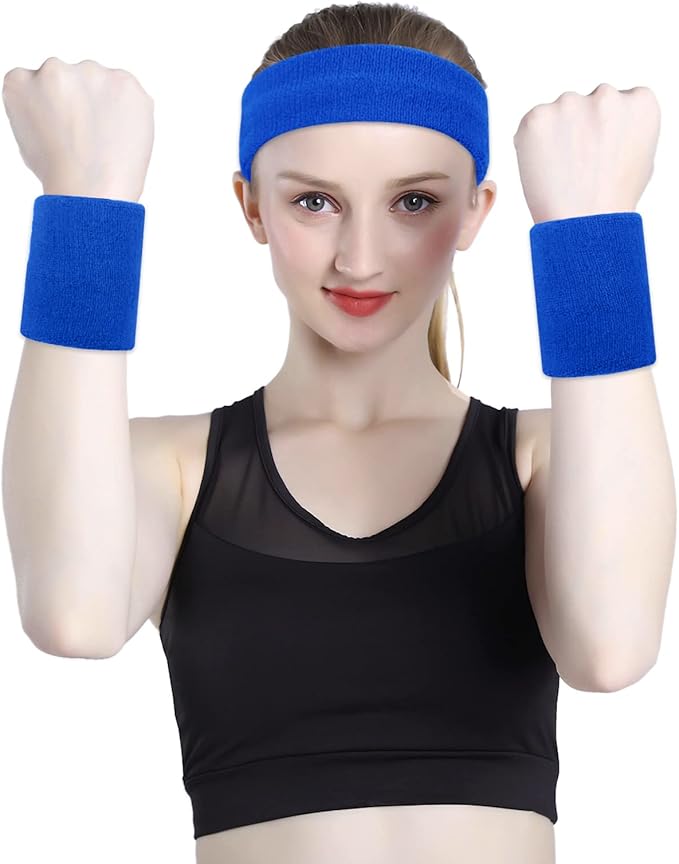 ONUPGO 6 Pieces Sweatbands Set - Sports Headbands Wristbands for Men & Women,Cotton Terry Cloth Sweatband for Tennis,Basketball,Gym,Working Out - Moisture Wicking Elasticity