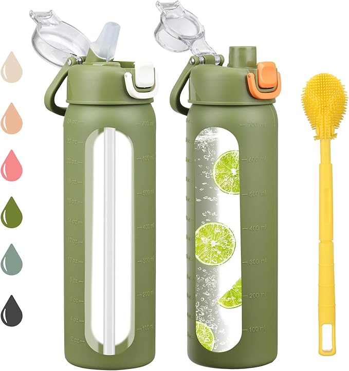 24 oz Glass Water Bottles with 2 Lids-Handle Spout Lid & Straw Lid, Motivational Water Bottle with Time Marker and Silicone Sleeve,Leakproof-Army Green-1 Pack
