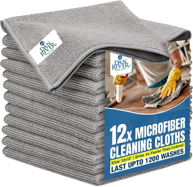 DAN RIVER 12-Pack Gray Microfiber Towels โ Ultra Absorbent, Lint-Free & Streak-Free Rags for Home, Car & Kitchen - Must-Have Cleaning Essentials - 12" x 12"