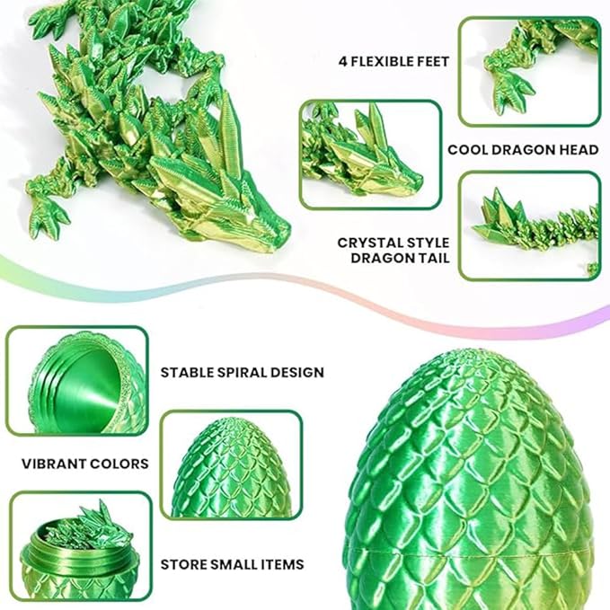 4 Pcs 3D Printed Dragon Egg, 3D Printed Dragon with Egg,Unique 3D Printed Dragon Eggs with 8.7 inch Dragon & 3.35 inch Egg for Flexible Stress Relief Pet Sculpture Easter Basket Filler.