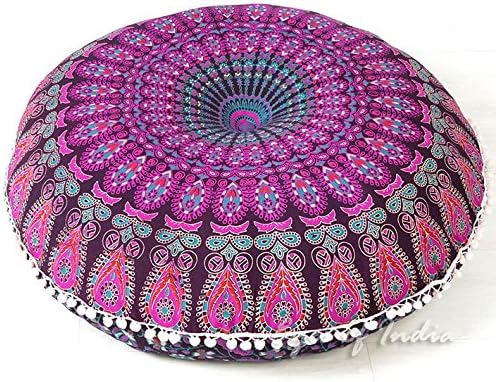 Eyes of India - 32" Purple Pink Mandala Floor Pillow Cover Meditation Cushion Seating Throw Hippie Round Colorful Decorative Bohemian Accent Boho Chic Dog Bed Indian Pouf Ottoman Handmade Cover ONLY