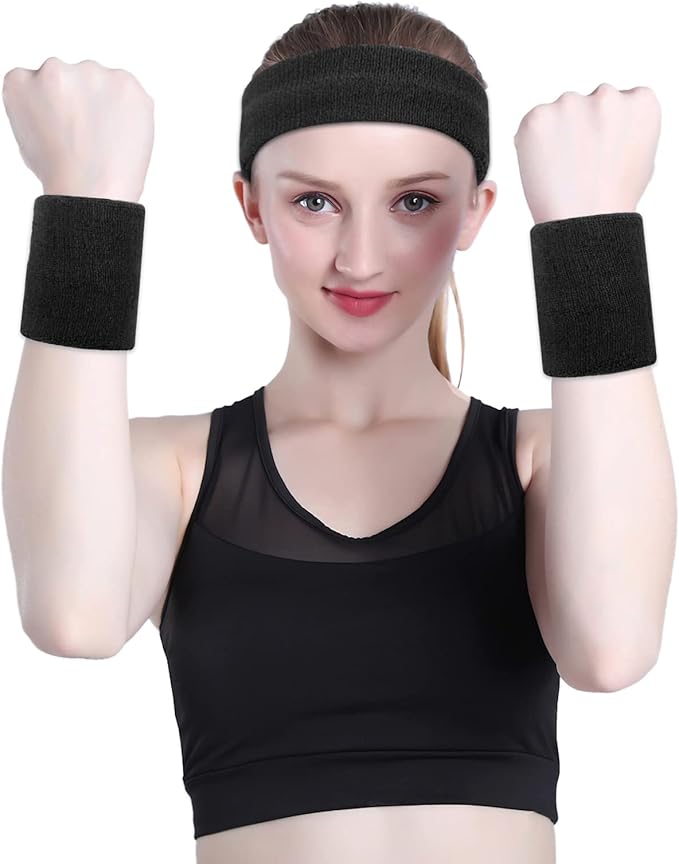 ONUPGO 6 Pieces Sweatbands Set - Sports Headbands Wristbands for Men & Women,Cotton Terry Cloth Sweatband for Tennis,Basketball,Gym,Working Out - Moisture Wicking Elasticity