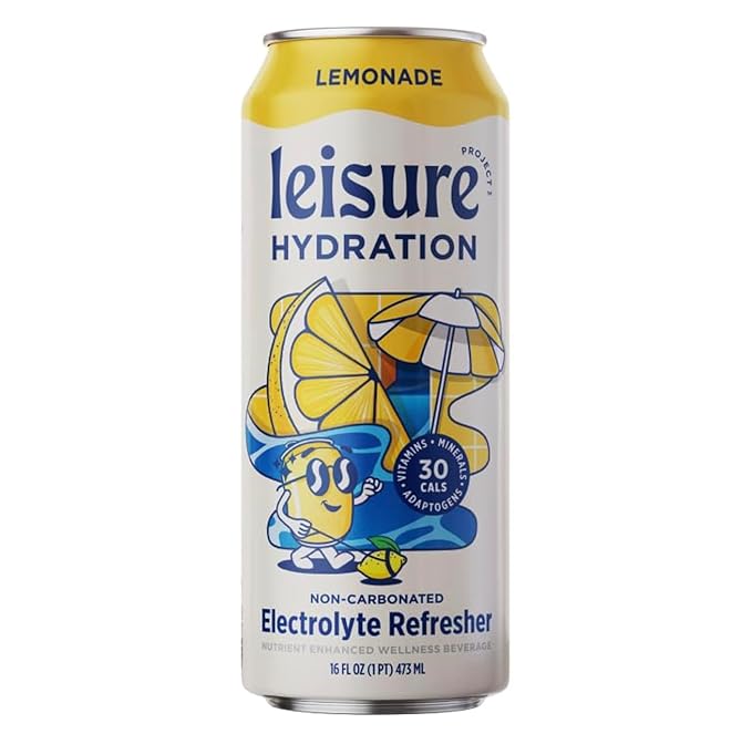 Leisure Hydration Non-Carbonated Electrolyte Refresher, Lemonade Flavor - Low Sugar Nutrient Enhanced Water Beverage - Get The Best Hydration Packed w/ Magnesium & Ashwagandha For Mood & Stress Support, Non-GMO, 16 oz (12-Cans)