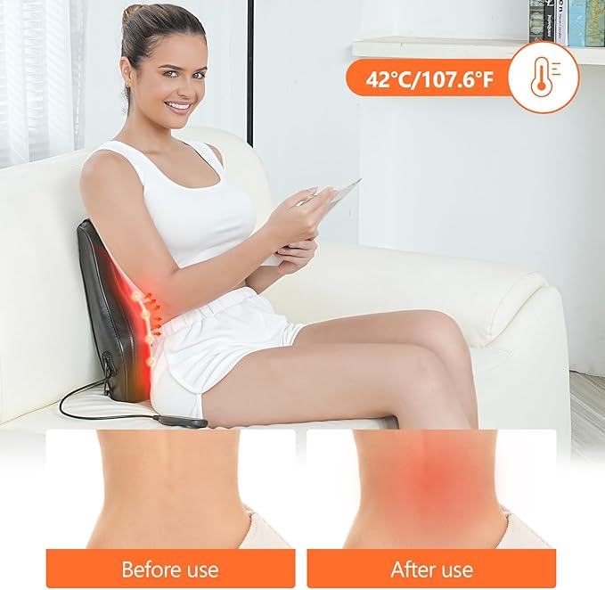 Rechargeable Back Massager with Heat, Shiatsu Neck Massager for Pain Relief Deep Tissue, 4D Kneading Massage Pillow for Neck Shoulder Leg Waist and Abdominal, Suit for Office, Home and Car