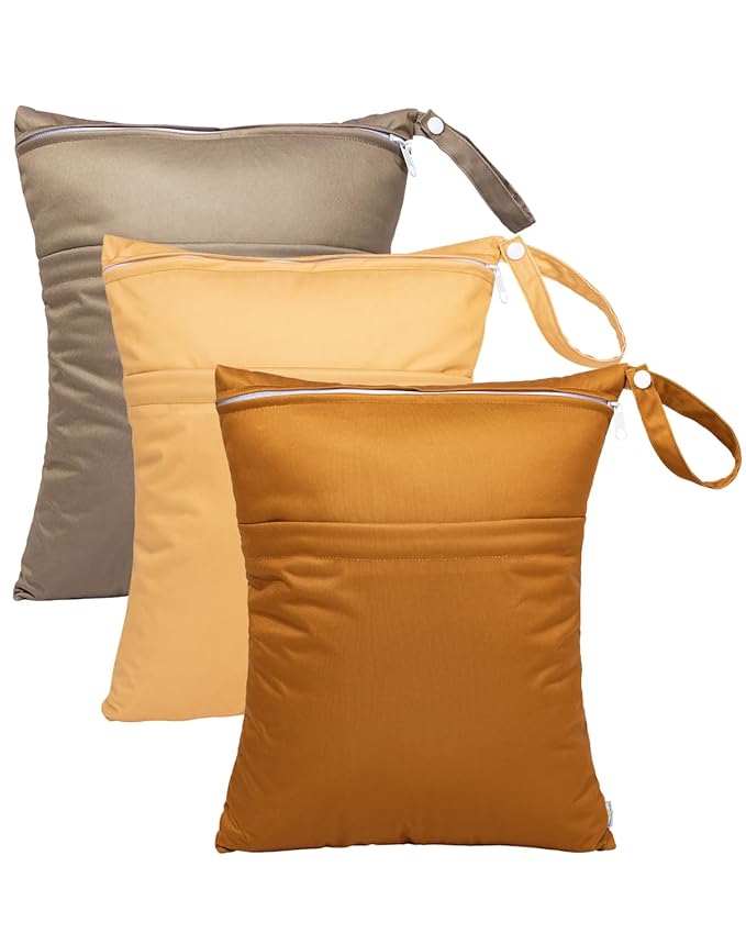 babygoal Wet Dry Bags for Baby Cloth Diapers, Washable Travel Bags, Beach, Pool, Gym Bag for Swimsuits & Wet Clothes with Two Zippered Pockets 3 Pack, 3LN20