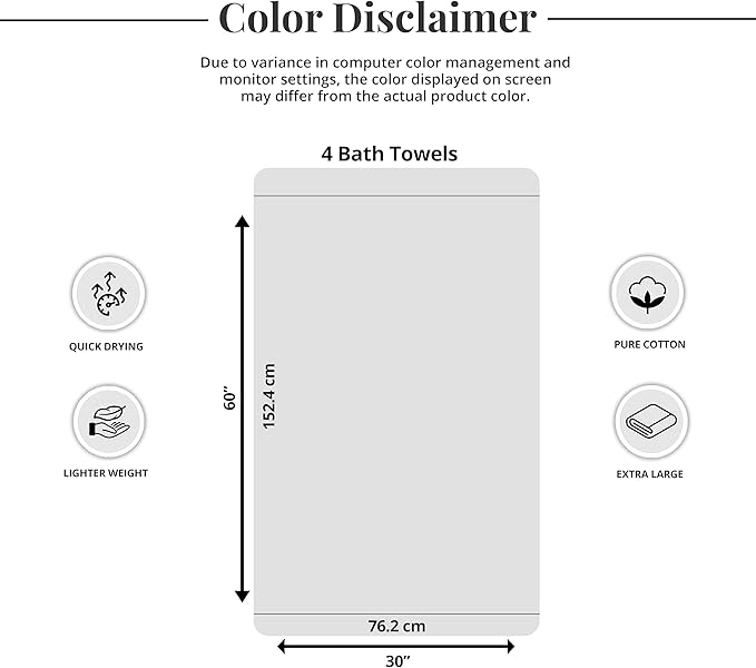 Tens Towels Pack of 4 Extra Large Bath Towels 30 x 60 Inches, 100% Cotton, Larger & Lighter Weight, Quicker to Dry, Super Soft and Absorbent, Perfect for Bathroom, White