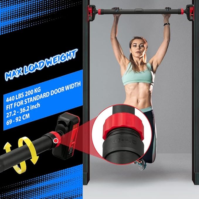 Pull Up Bar for Doorway - Adjustable No Screws Chin Up Bar for Home Gym, 440 LBS Max Load, with Level Meter & Anti-Slip Design for Strength Training