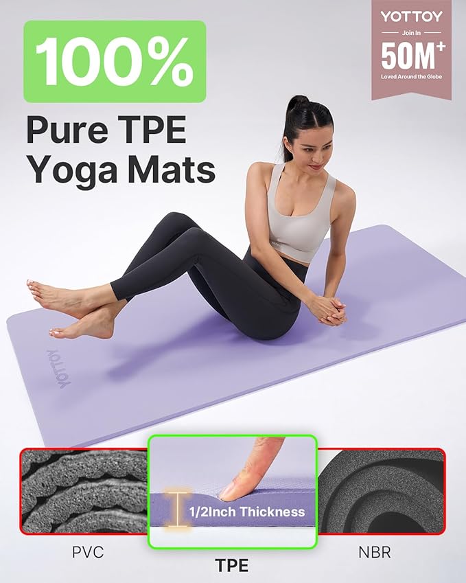 YOTTOY Yoga Mat,Extra Thick Yoga Mat (1/2inch),Professional TPE Exercise Mat,Non-Slip Workout Mat for Yoga, Pilates, Fitness, Barefoot Workouts, Home Gym Studio with Strap