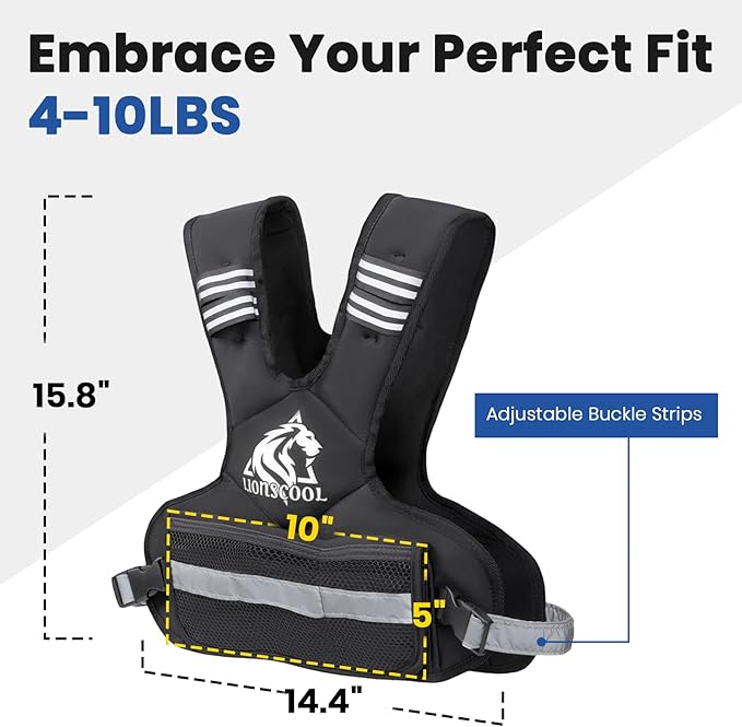 LIONSCOOL Weighted Vest for Men and Women, 4-10LB/11-20LB/20-32LB Adjustable Body Weight Vest with 6 Ironsand Weights & Reflective Stripes for Weight loss, Walking, Running, Cardio and Strength Training