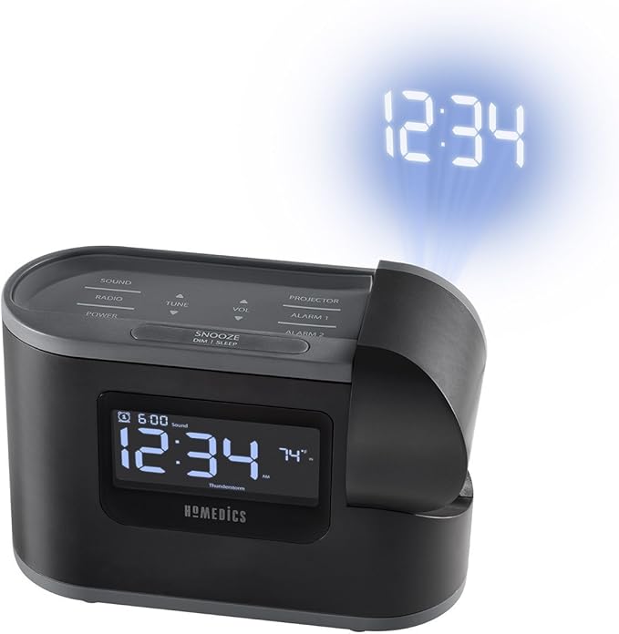 Homedics SoundSleep Recharged Alarm Clock & White Noise Sound Machine, 6-in-1 Projection Alarm Clock and Sleep Sound Machine, 8 Nature Sounds and Indoor Temperature Sensor, Auto-Off Timer
