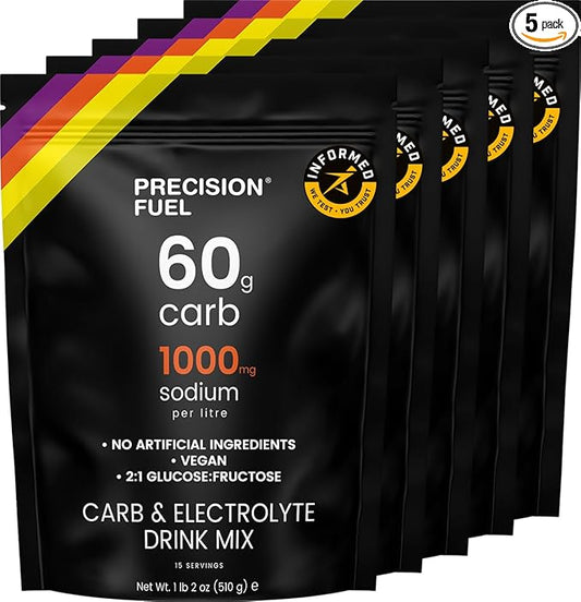 Precision Fuel PF 60 Carb & Electrolyte Drink Mix Powder for Hydration & Energy - Endurance Sports Nutrition, Vegan, Hypotonic - 60g Carb, 1000mg Sodium per Litre - Mild Citrus Flavor, 5-Pack