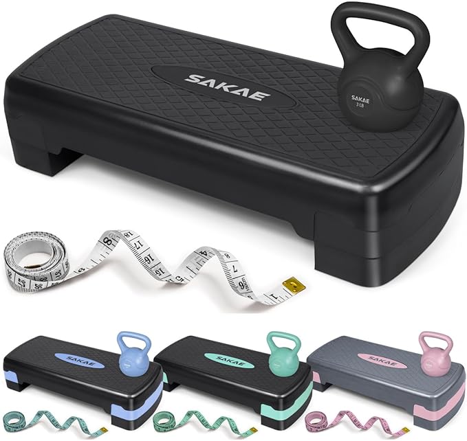 SAKAE Step Aerobics Platform Set with Kettlebell & Measuring Tape, Aerobic Steppers for Exercise at Home, Adjustable Height 2 Level Risers Workout Step Trainer with Non-Slip Surface, Multiple Colors