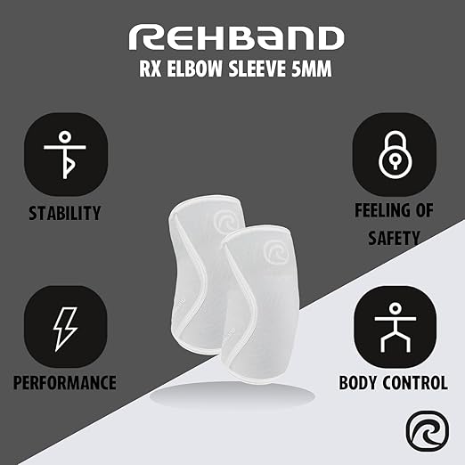 Rehband Elbow 5mm Compression Sleeve, Neoprene Sleeves for Weightlifting, Anatomical Design, Non-Slip & Close Fitting, Elbow Support Unisex, Colour:Arctic/White, Size:Medium