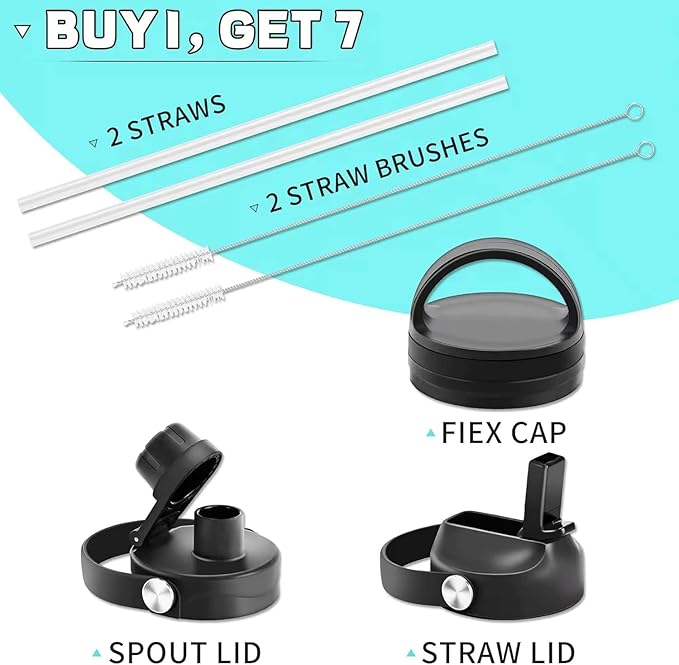 40 oz Insulated Water Bottle with Straw fit in Car Cup Holder(Cold 48 hrs, Hot 24 hrs) Drinking Bottle with Straw Lid, Spout Lid and Flex Cap Leakproof Travel Thermo Mug,White - Black