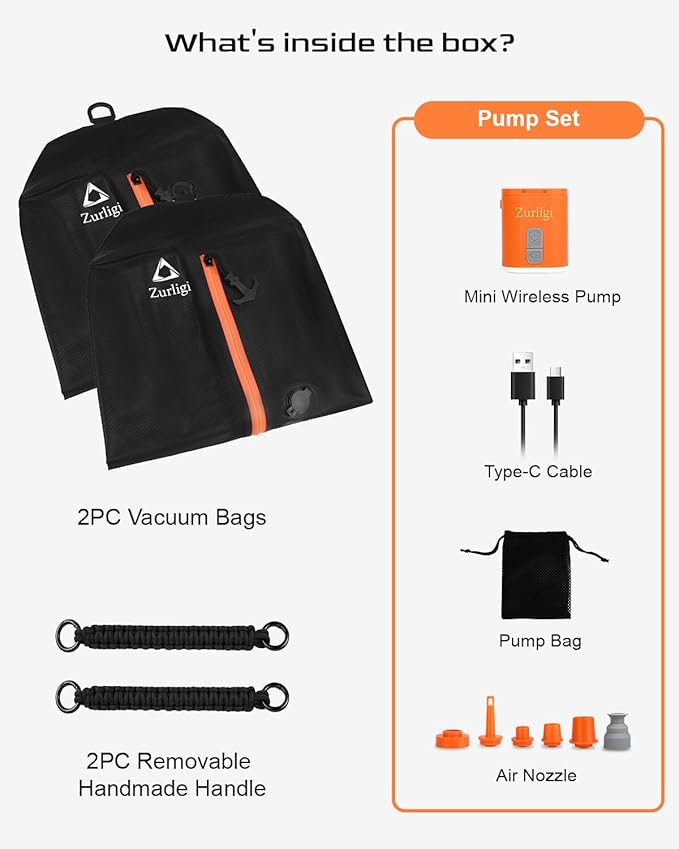 Zurligi Vacuum Compression Bags with Pump for Travel - Reusable, Portable Travel Pack Vacuum Bag Kit for Suitcases, Backpack