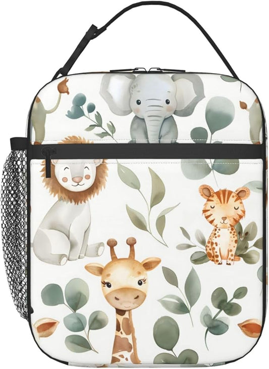 Jungle Animal Polyester Lunch Box for Kids Teen,Cute Reusable Thermal Lunch Bag for Adult Women,Cartoon Insulated Tote Cooler Bags for School,Work,Picnic,Travel,Safari Theme