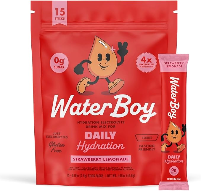 Waterboy Daily Hydration | 1,570mg Electrolyte Powder Packets | No Sugar, All Natural, Gluten Free, Zero Calories | 15 Drink Stick Mixes (Strawberry Lemonade)