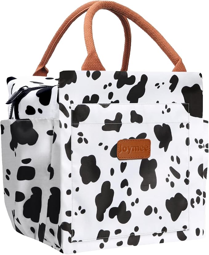 Joymee Lunch Bag Women Insulated Lunch Box Reusable Leakproof Large Spacious Cooler Tote for Womens Mens Adults with Bottle Holder and Side Pockets for Work Office Travel Picnic - Cow