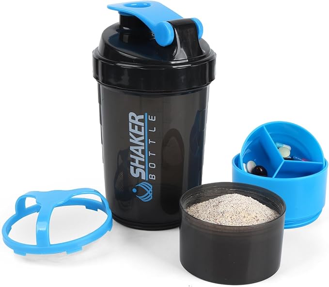 Shaker Bottle - Protein Shaker Cup with Storage Compartments - Leak-proof Workout Shake Bottles with Mixer for Smooth Mixing-500ML/16oz (BLUE & BLACK)