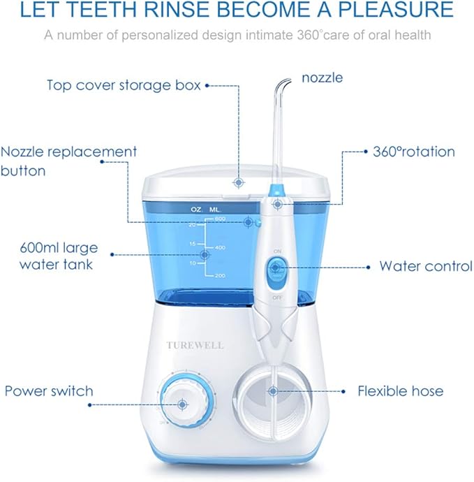 TUREWELL Water Flossing Oral Irrigator, 600ML Dental Cleaner 10 Adjustable Pressure, Electric Oral Flosser for Teeth/Braces, 8 Replacement Jet Tips for Family (White)
