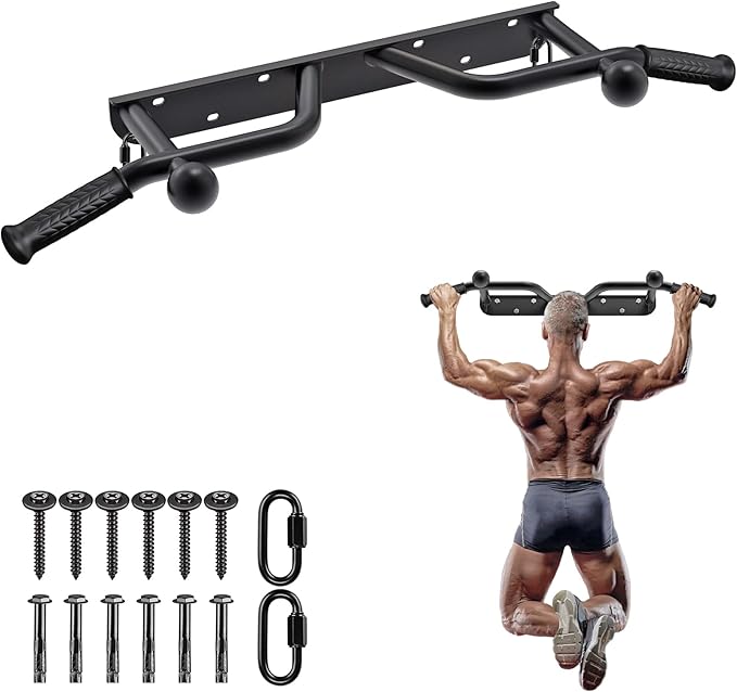 SELEWARE Heavy Duty Wall Mounted Doorway Pull Up Bar Fully Welded Multifunctional Chin Up Bar with Resistance Band Hooks & Ball Finger Training, 500LB Capacity Support Beam or Joist Mount