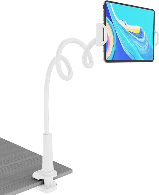 Tablet Stand Holder, Mount Holder Clip with Grip Flexible Long Arm Gooseneck Compatible with ipad iPhone/Nintendo Switch/Samsung Galaxy Tabs/Amazon Kindle Fire HD (New White)