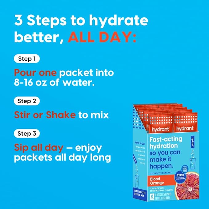 Hydrant - Hydrate Electrolyte Powder, Blood Orange Flavor, 12 Rapid Hydration Individual Stick Packs - Low Sugar Drink Mix for Daily Use, Travel & Workouts