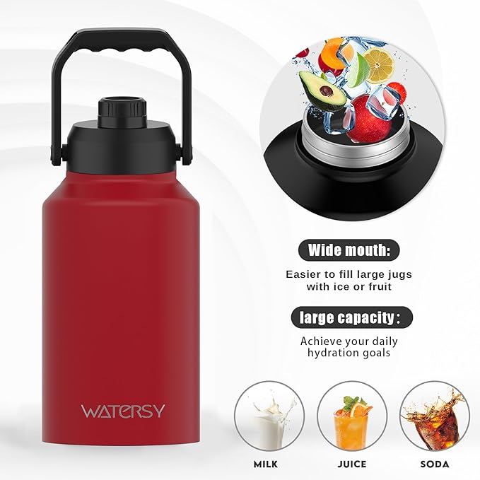 2/3 Gallon Water Bottle Insulated(Cold for 48 Hrs),BPA Free&Leak Proof,87oz Stainless Steel Water Jug/Flask,Big thermo,Large Water Bottle with Handle for Gym,Hiking,Camping,Red