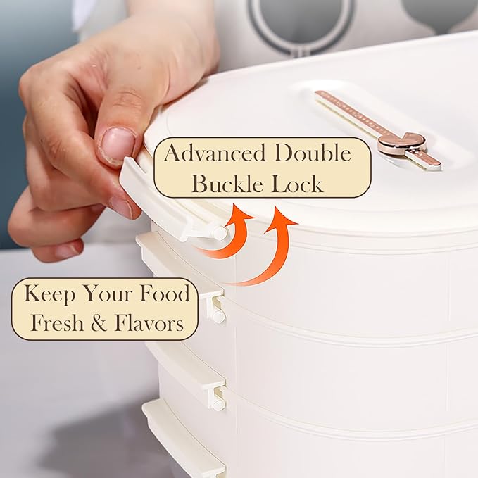 4-Layer Dumpling Storage Container – Freezer Organizer with Smart Timer, Good Sealing, Stackable Food Containers, Anti-Stick Base & Clip Lid (White Lid & White Box)