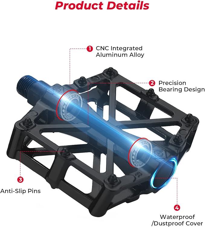 KEMIMOTO Mountain Bike Pedals MTB Bicycle Flat Pedals, 9/16'' CNC Aluminum Durable Sealed Bearings for Most Bikes BMX MTB Enduro Downhill Trail (Two Pack) (Black)