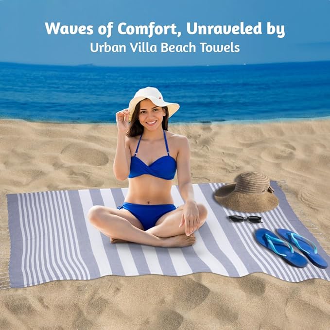 Urban Villa Set of 6 Turkish Beach Towel Oversized 36x72 Absorbent Extra Large - Sand Free Quick Dry Pestemal Bath Towels - Lightweight Travel Cruise Camping Spa Towels - Indigo Blue