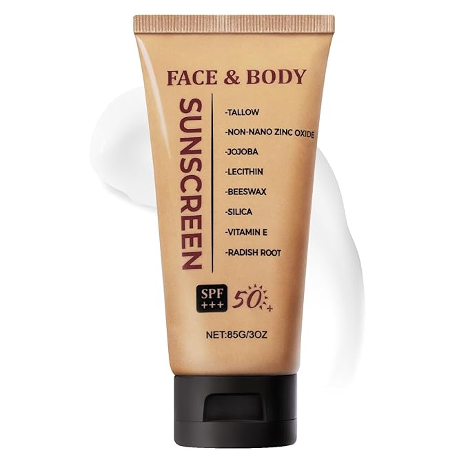 Tallow Sunscreen Grass-Fed Beef Tallow Sunscreen with Non Nano Zinc Oxide SPF50 Mineral Natural Sunblock for Face and Body Non-Greasy, 3 OZ