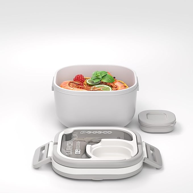 Bento Box for Adults & Kids – Single Compartment Lunch Box,Food Container,BPA-Free,Microwave & Dishwasher Safe with Removable Divider,Utensils & Sauce Jar-White