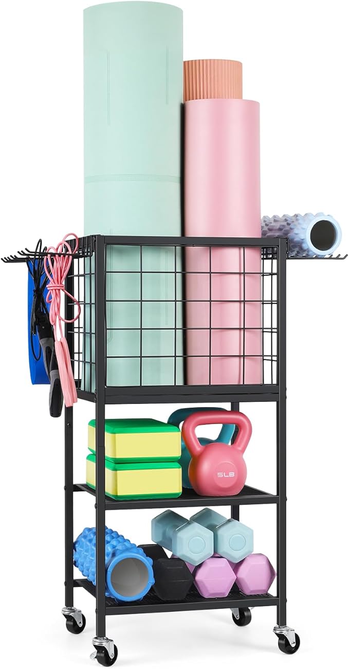 Weight Rack for Home Gym Dumbbells Yoga Mat Storage Rack Cart Small Metal Wood Home Gym Workout Equipment Storage with Hooks for Yoga Block Foam Rollers Resistance Bands