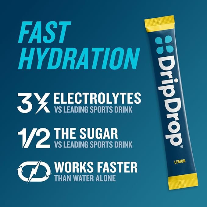 DripDrop Hydration Packets - Lemon - Single Serve Electrolytes Powder Drink Mix - Non-GMO, Gluten Free, Vegan - 32 Sticks