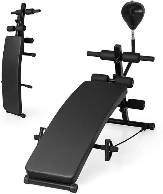 GYMAX 3 in 1 Decline Ab Bench with Speed Ball & Resistance Bands, 5-Level Adjustable, 300 lbs Weight Capacity