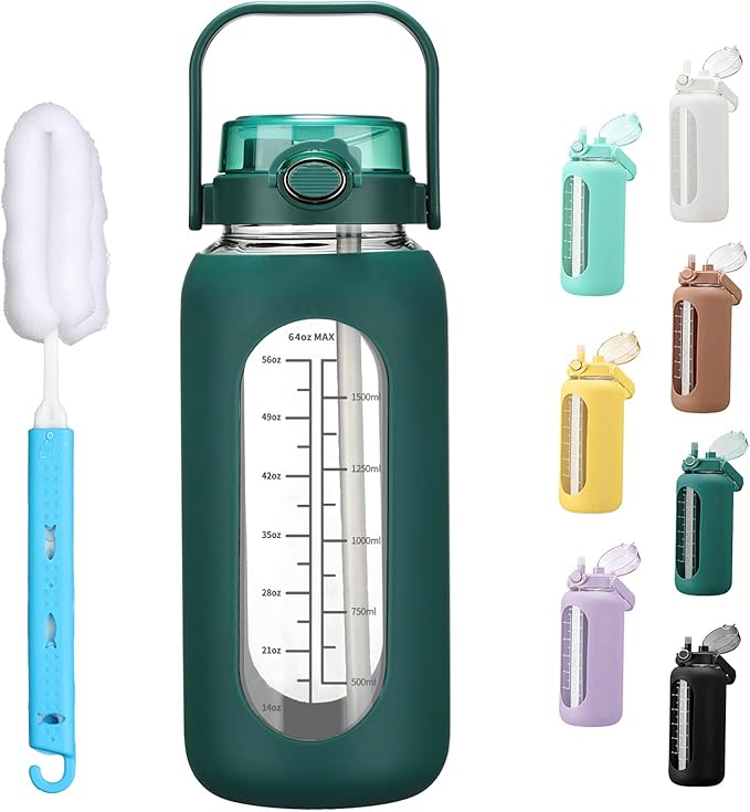64oz Glass Water Bolttles with Straw Half Gallon Large Motivational Water Bottle with Time Marker Sports Water Bottles with Silicone Sleeve and Handle Lid Water Jug for Gym Workout