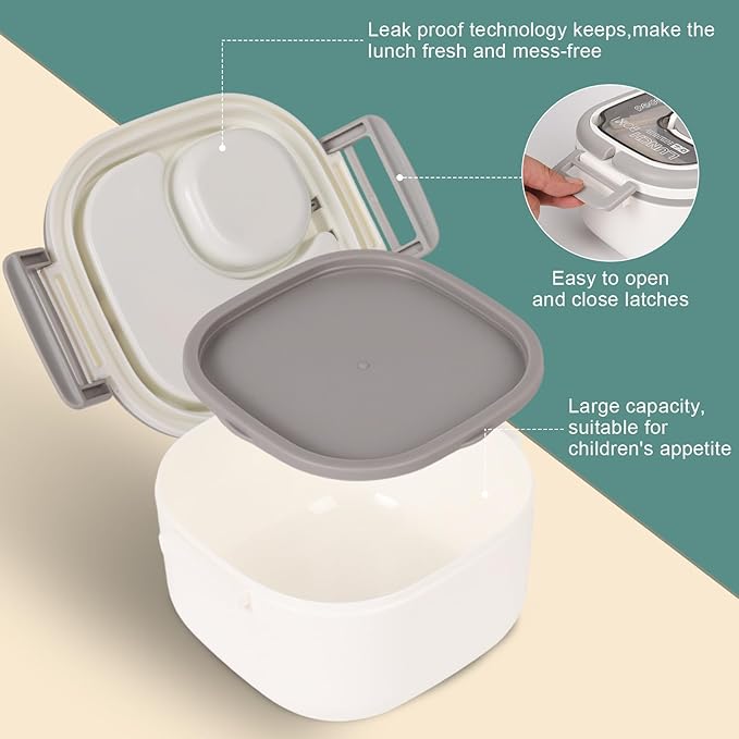 Bento Box for Adults & Kids – Single Compartment Lunch Box,Food Container,BPA-Free,Microwave & Dishwasher Safe with Removable Divider,Utensils & Sauce Jar-White