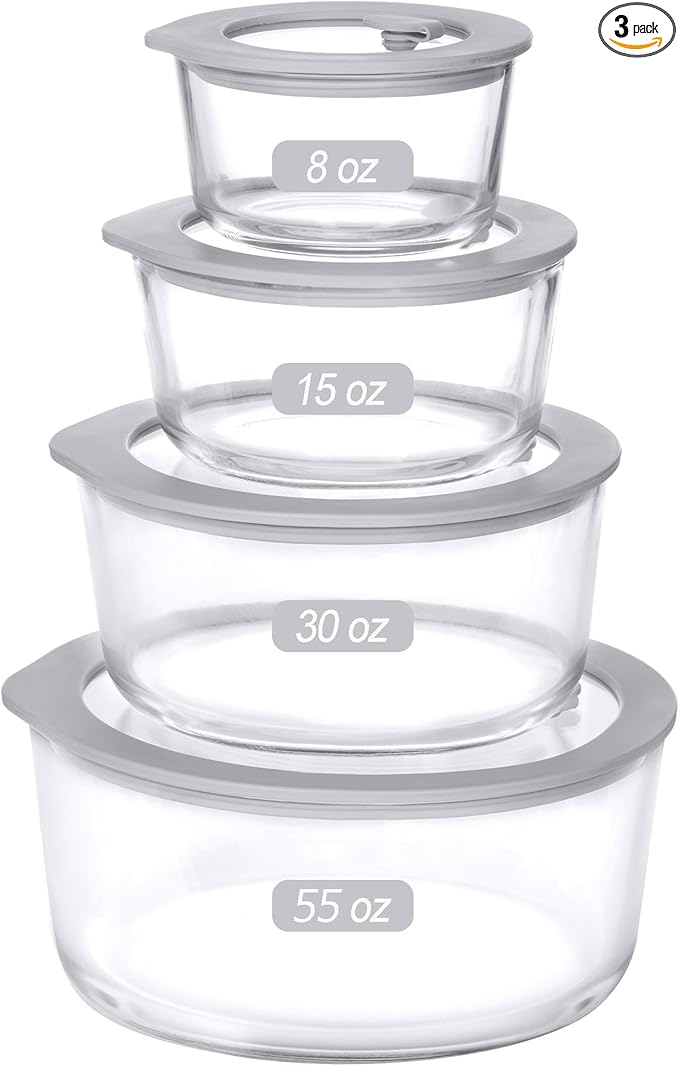Glass Food Containers with Glass Lid, Microwave Safe Food Storage Container, Large 4 Pack Round Shape, Food Containers with Lids, Meal Prep containers with Leak Proof Lid.