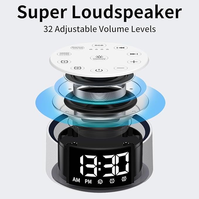 Brown Noise Machine Bedroom Alarm Clock Sound White Noise Machine Night Light with 30 Sleeping Sounds for Baby Kids Adults 2 Alarms Backup Battery 32-Level Vol 15 Wake up Sounds for Mild Heavy Sleeper